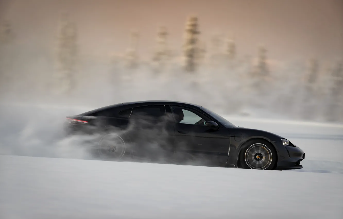 Photo wallpaper snow, black, Porsche, side view, 2020, Taycan, Taycan 4S