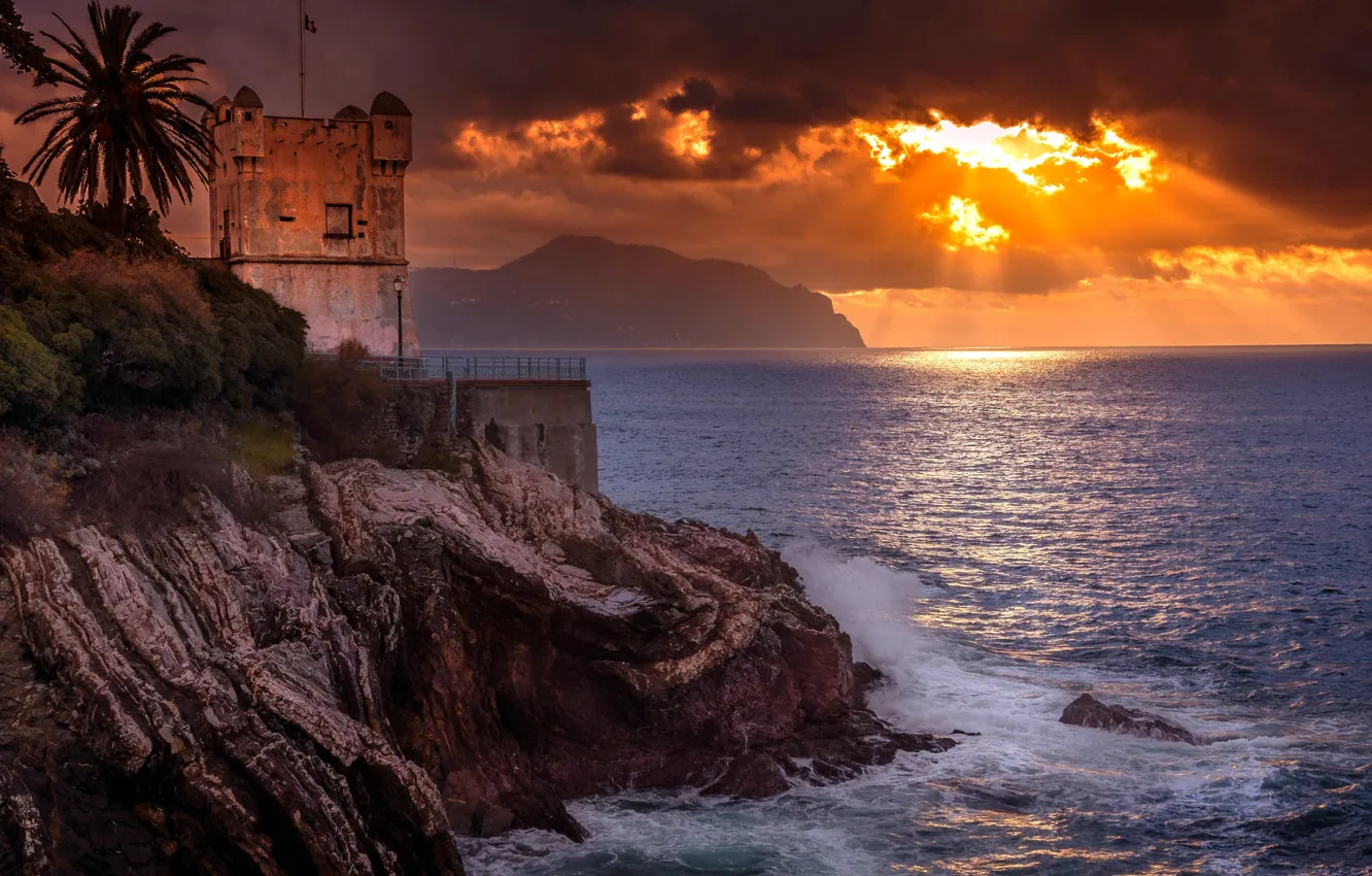 Photo wallpaper sea, landscape, sunset, clouds, nature, rock, Palma, Italy