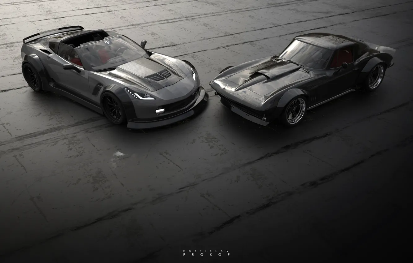 Photo wallpaper machine, auto, retro, rendering, two, Corvette, Chevrolet, Concept Art