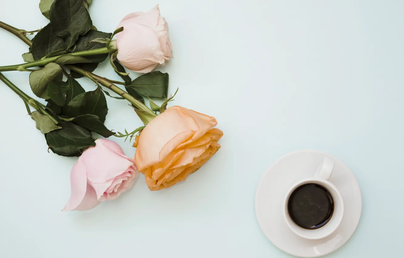 Photo wallpaper flowers, roses, bouquet, pink, flowers, coffee cup, roses, a Cup of coffee