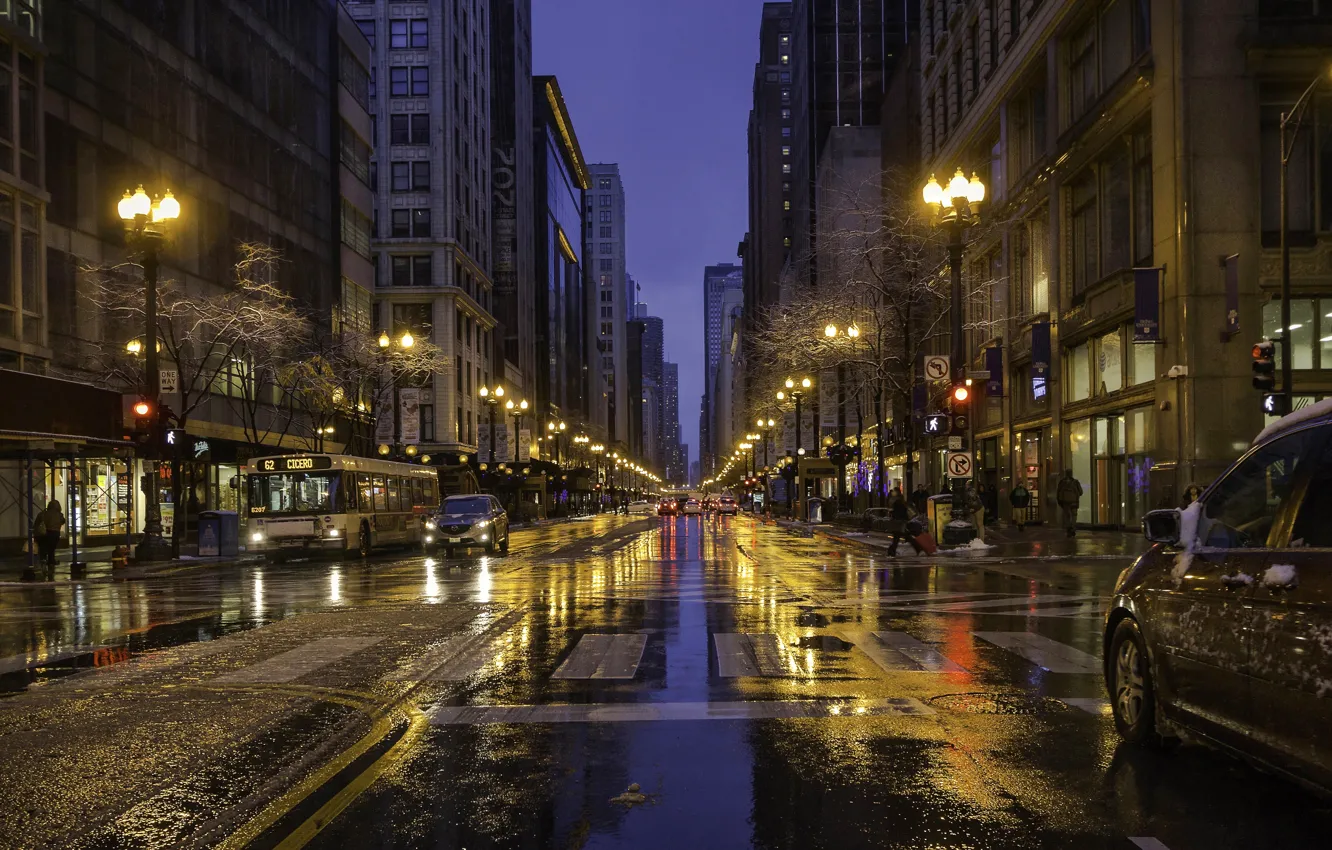 Photo wallpaper road, street, Chicago, lights, USA, America, roads, street