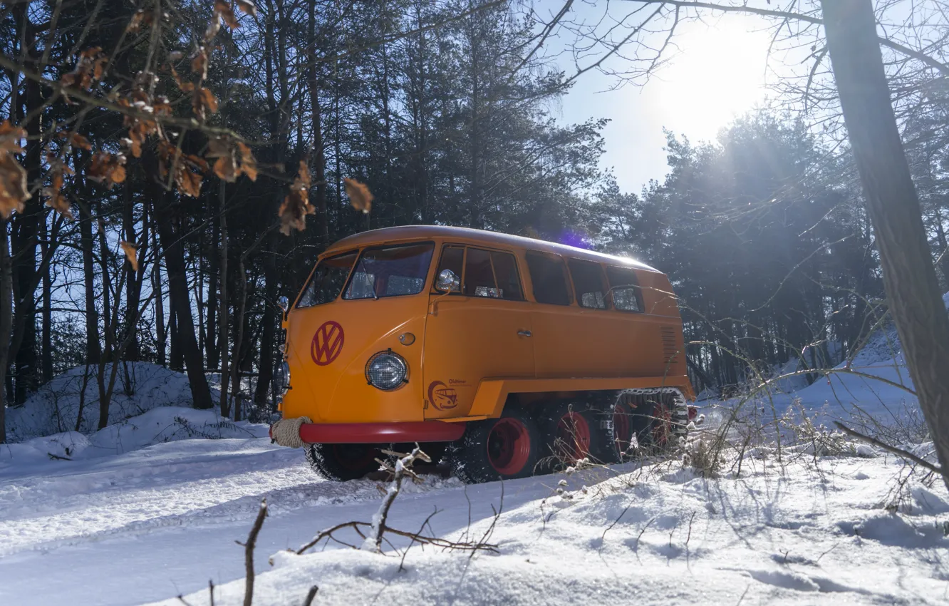 Photo wallpaper Winter, Trees, Germany, Snow, Volkswagen, Austria, 1962, Half-track