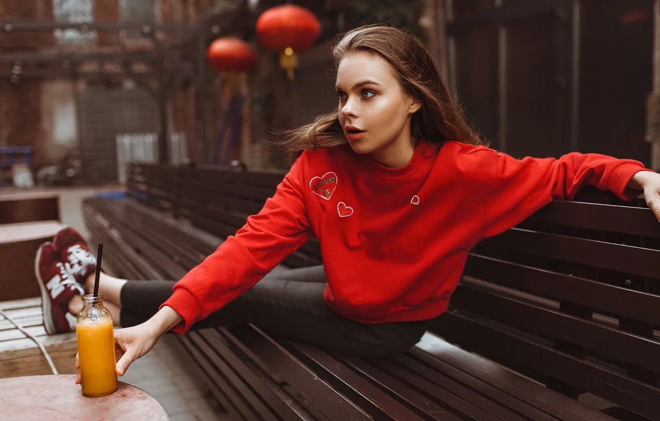 Photo wallpaper juice, model, women, brunette, bench, drink, sitting, portrait