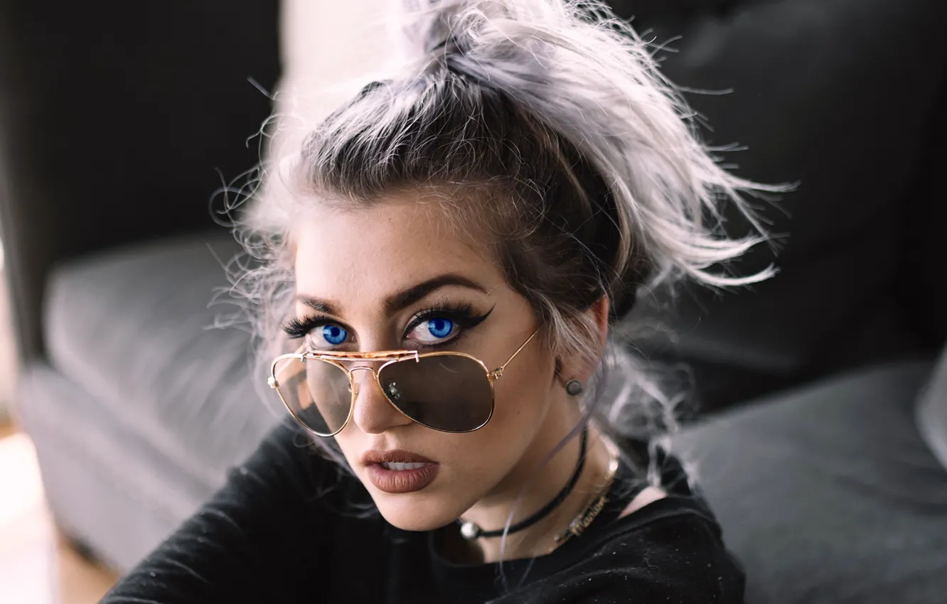 Photo wallpaper girl, beautiful, blue eyes, sunglasses, beautiful eyes, white hair, open mouth, women with glasses