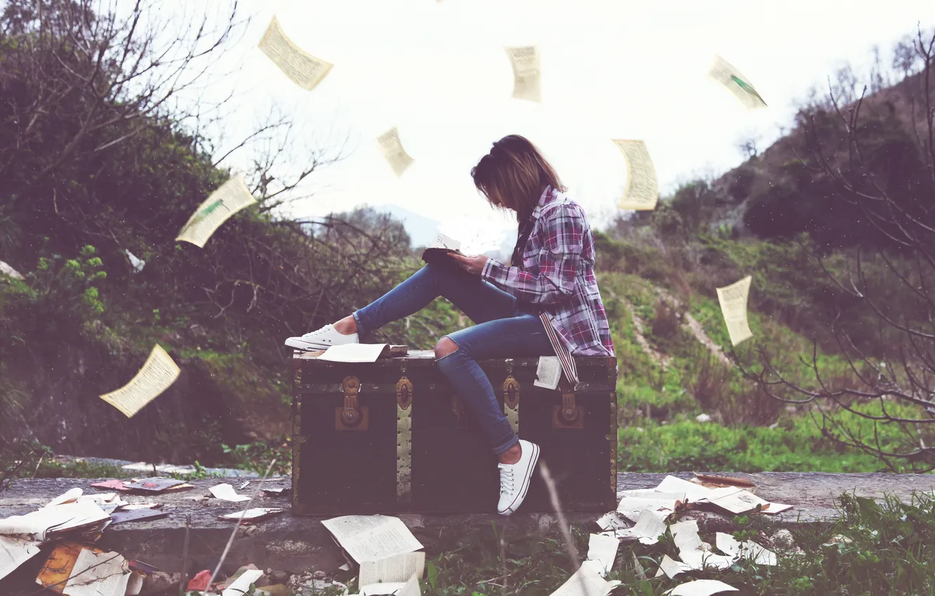 Photo wallpaper girl, sneakers, jeans, suitcase, leaves, page