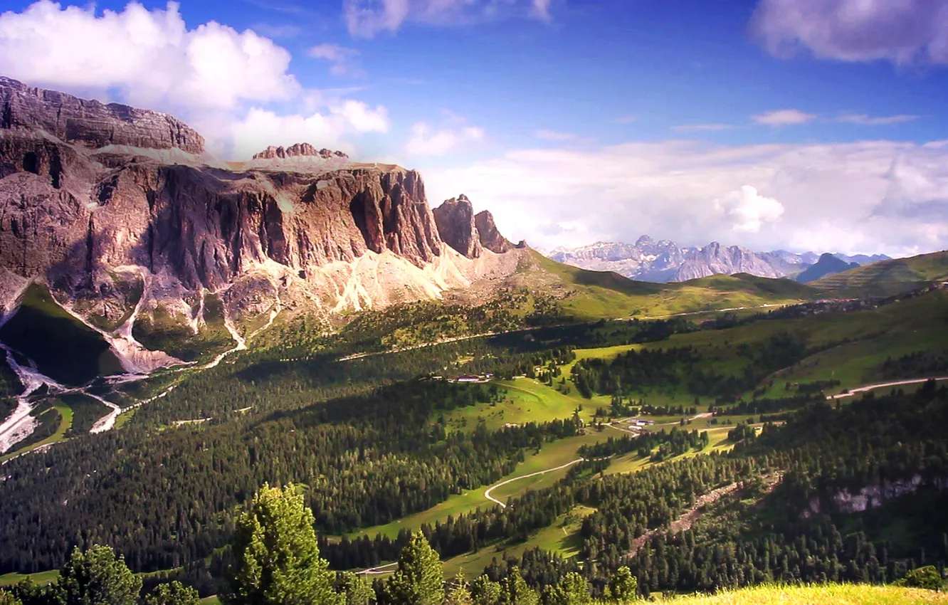 Photo wallpaper forest, the sky, clouds, mountains, Italy, The Dolomites