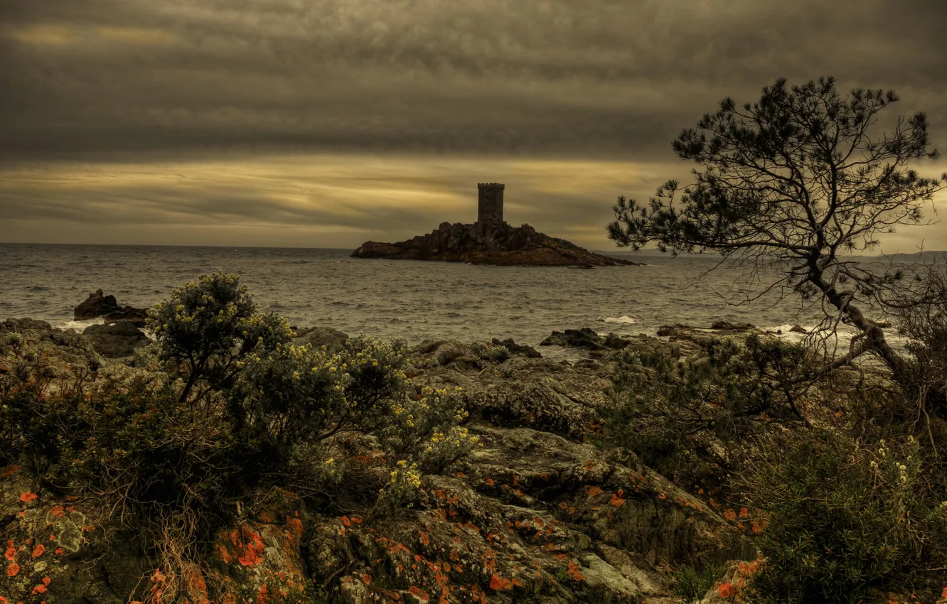 Photo wallpaper sea, clouds, stones, rocks, coast, France, island, tower