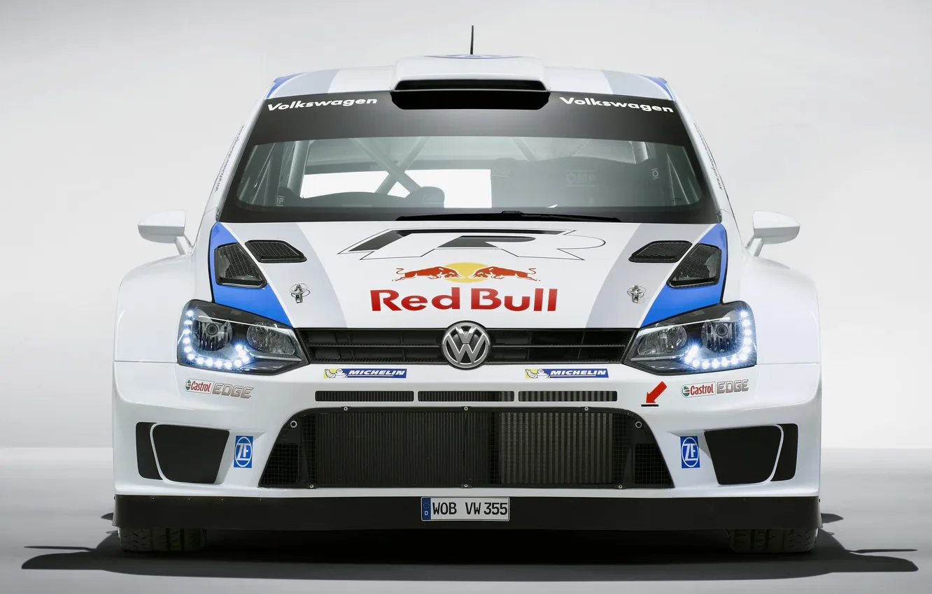 Photo wallpaper White, Volkswagen, Logo, The hood, Lights, Car, Red Bull, WRC