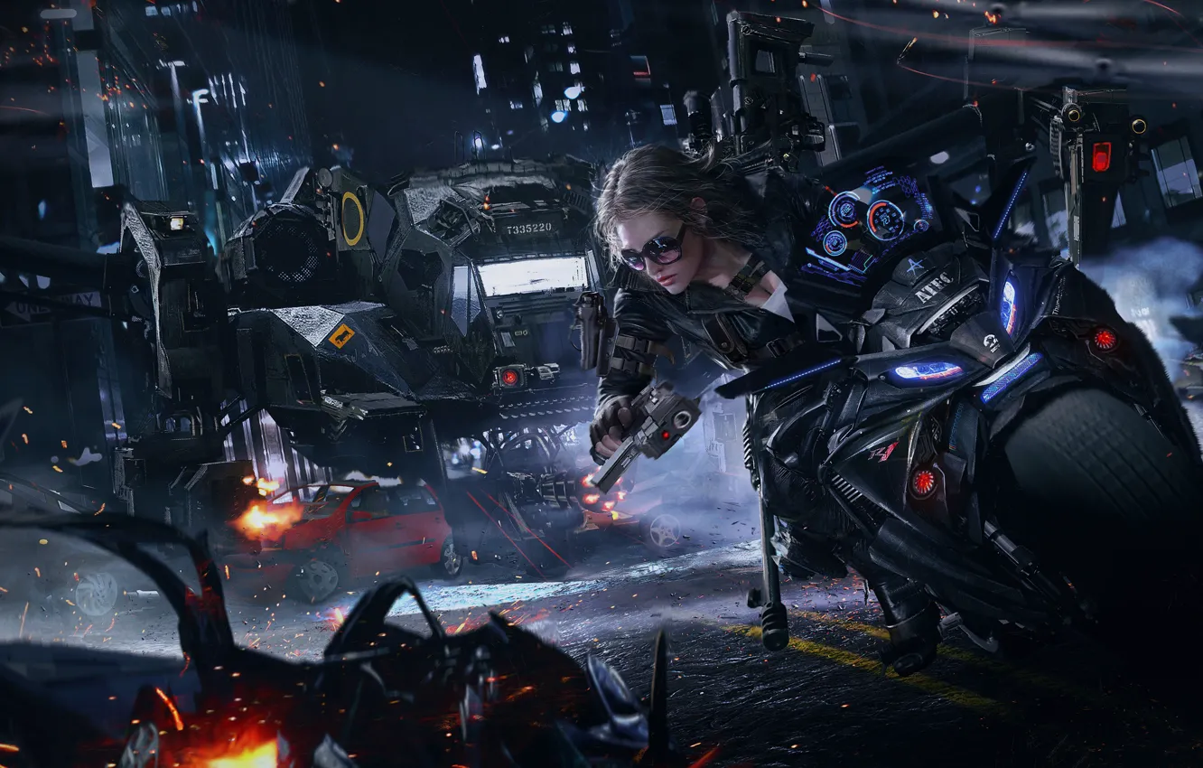 Photo wallpaper girl, night, city, the city, style, fiction, chase, art