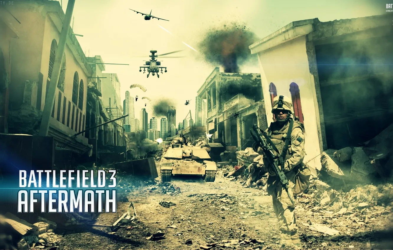 Photo wallpaper the city, soldiers, helicopter, the plane, Battlefield 3, Aftermath