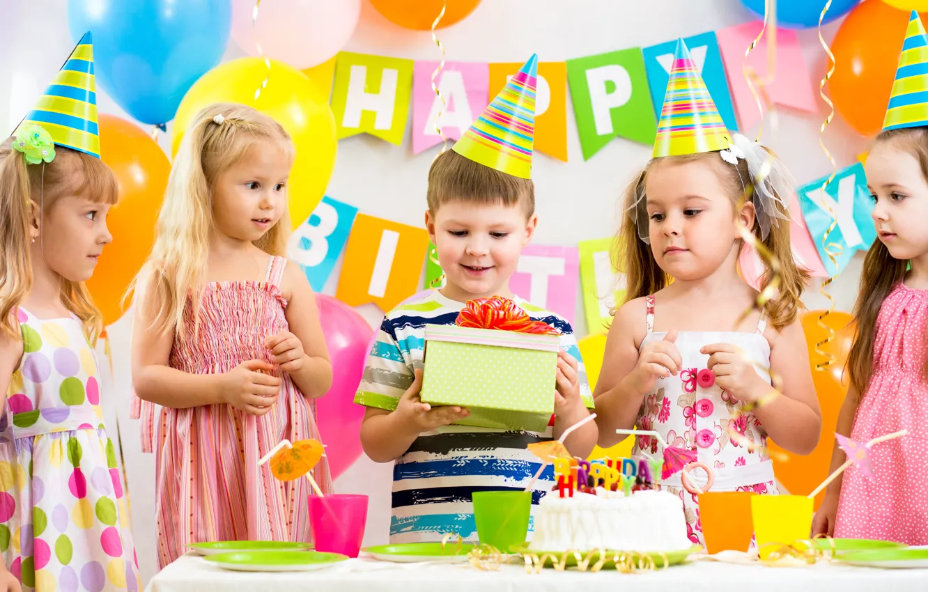 Photo wallpaper children, each, birthday, gift, boy, girl, cake, colorful