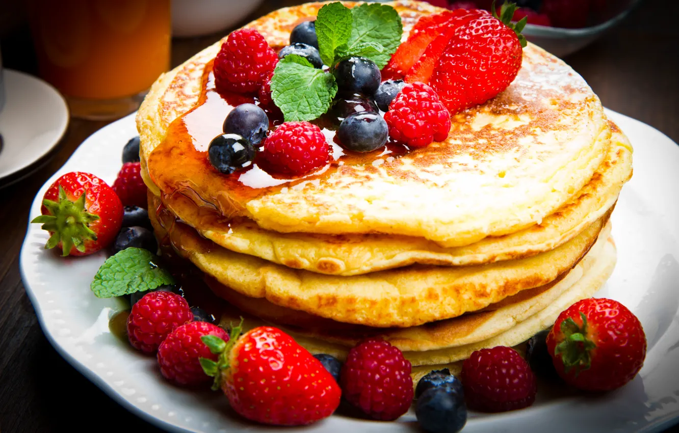 Photo wallpaper berries, raspberry, Breakfast, blueberries, strawberry, honey, pancakes