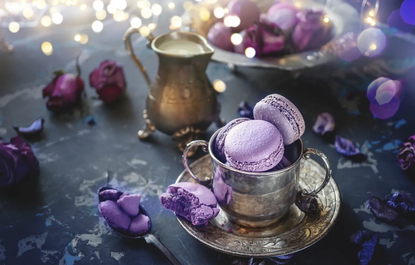 Photo wallpaper flowers, metal, table, coffee, roses, cookies, spoon, Cup