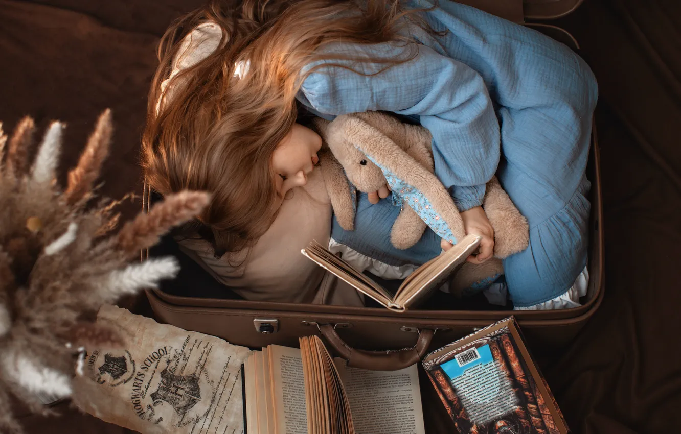 Photo wallpaper mood, toy, sleep, the situation, sleeping, girl, book, suitcase