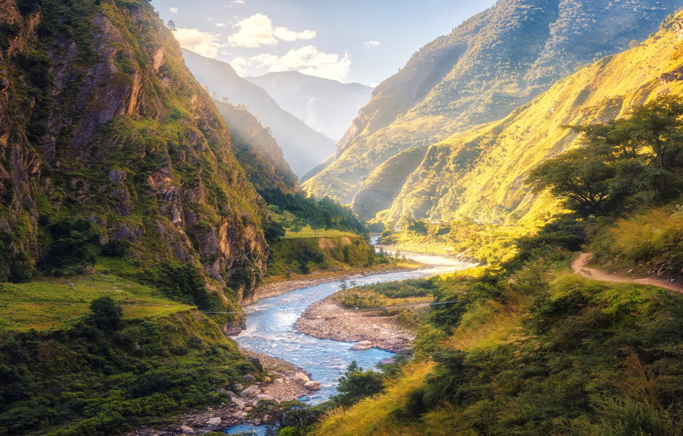 Photo wallpaper clouds, light, trees, mountains, fog, river, stream, rocks