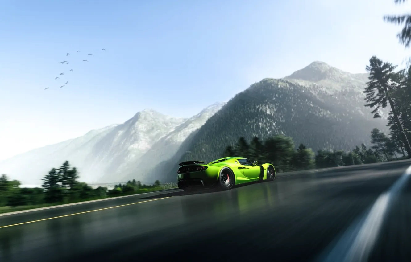 Photo wallpaper Green, Mountain, Hennessey, Supercar, Venom, Rear