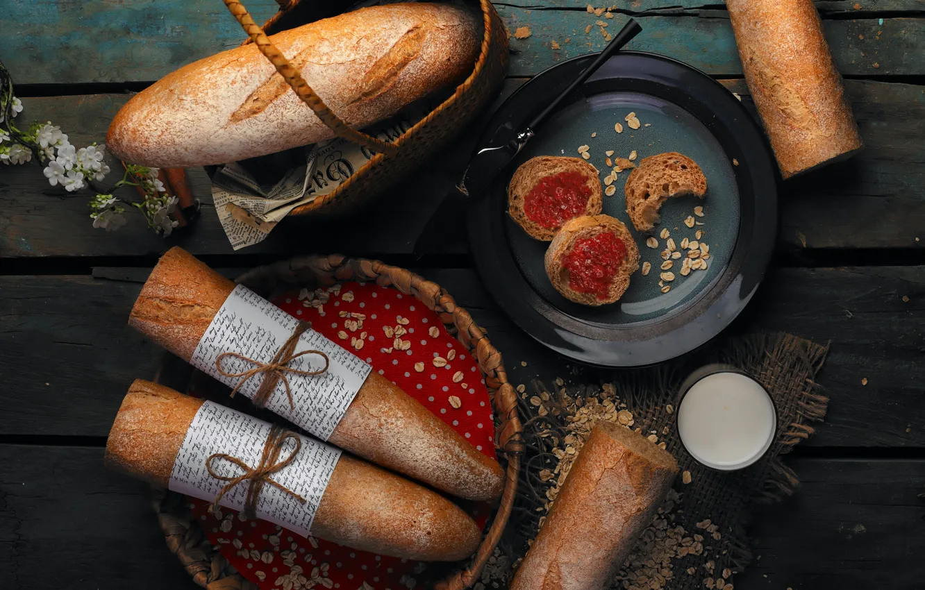 Photo wallpaper flowers, basket, food, milk, bread, newspaper, baguette, cakes