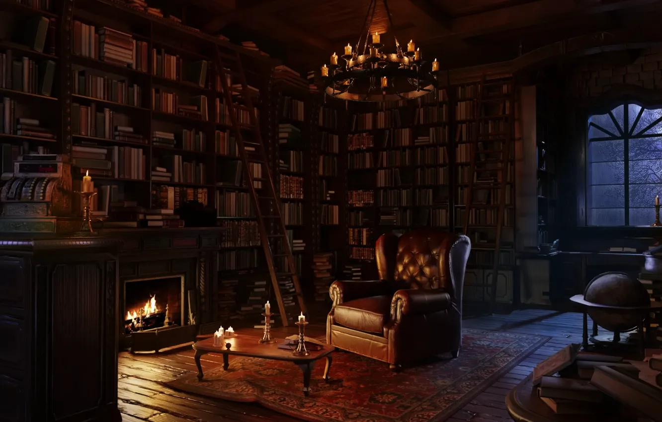 Photo wallpaper lights, fire, candle, books, library