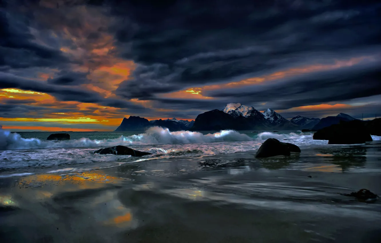 Photo wallpaper sea, clouds, landscape, clouds, stones, rocks, shore, the evening