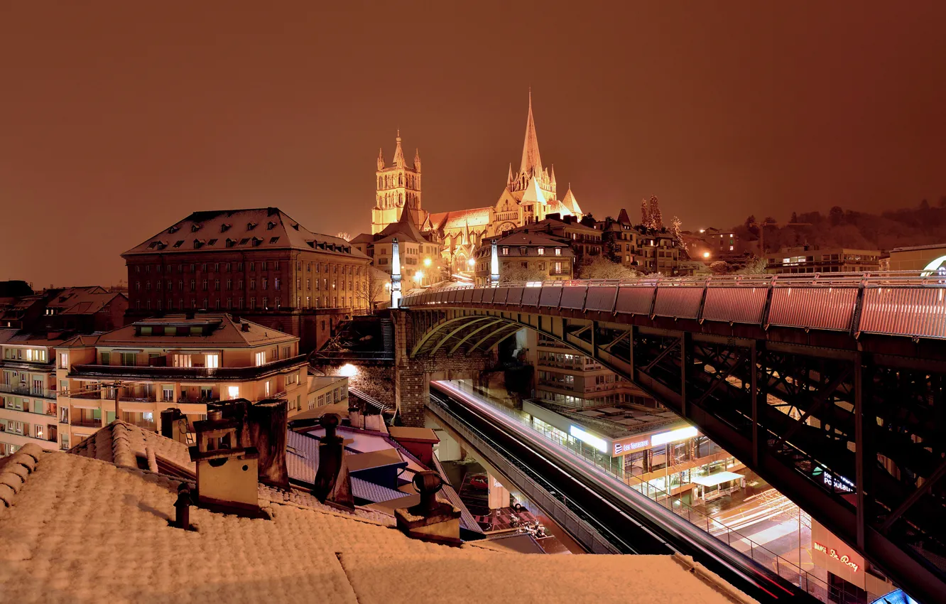 Photo wallpaper night, bridge, lights, home, Switzerland, Cathedral, Lausanne