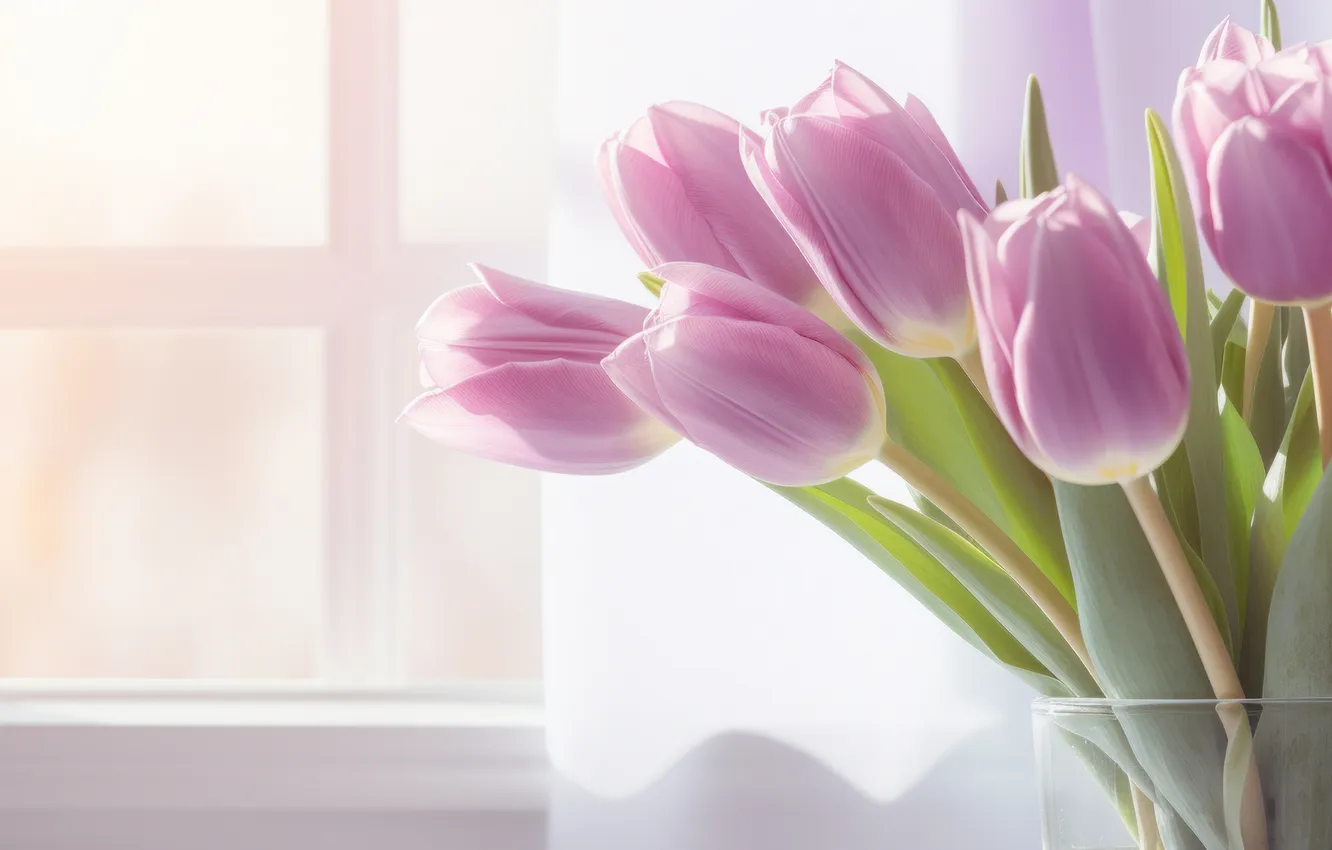Photo wallpaper light, flowers, table, birthday, holiday, bouquet, spring, window