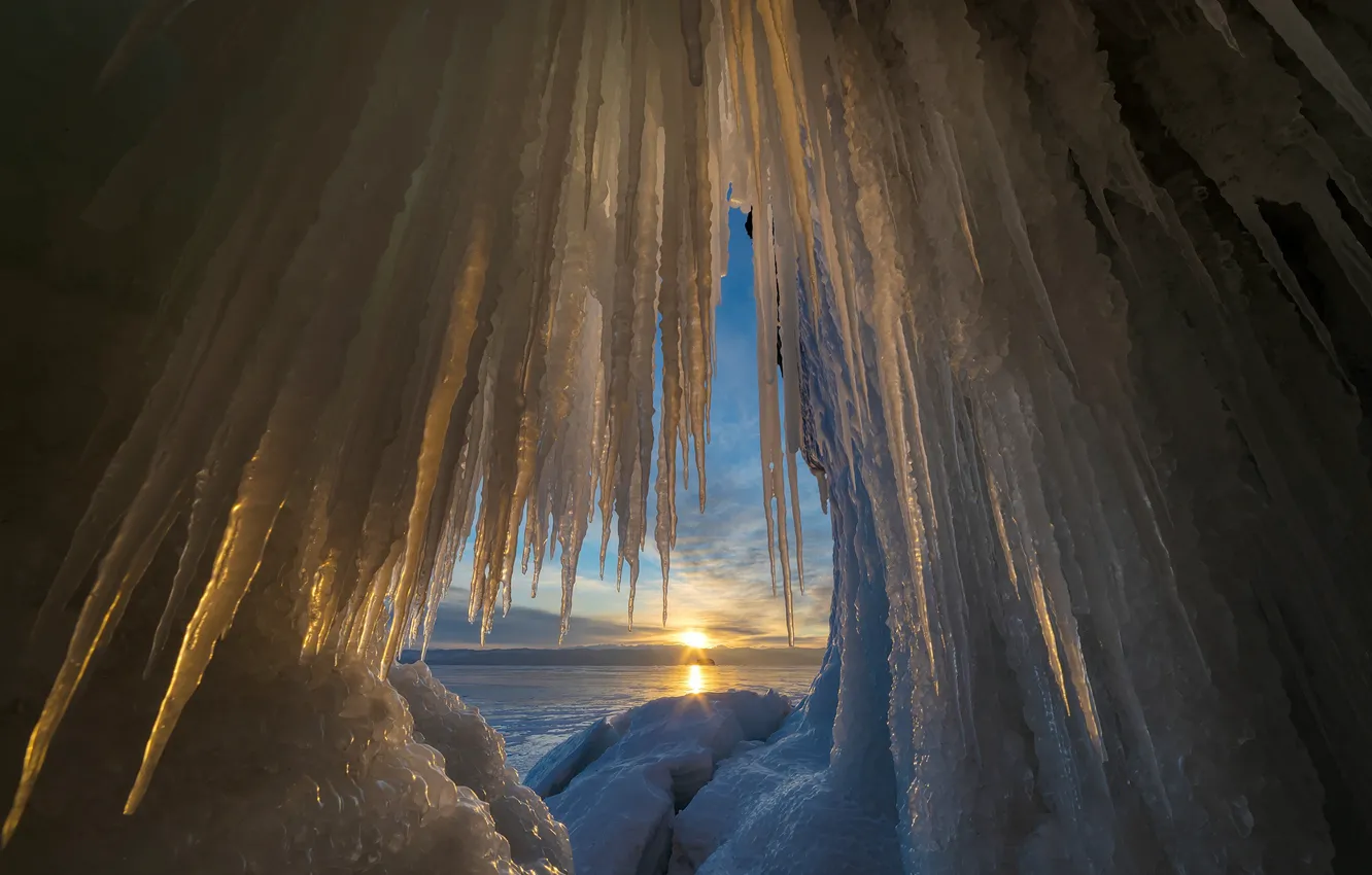 Photo wallpaper ice, winter, the sun, nature, lake, icicles, Baikal