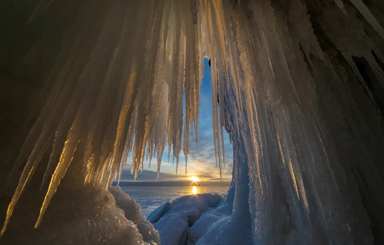 Photo wallpaper winter, the sun, nature, lake, ice, icicles, Baikal
