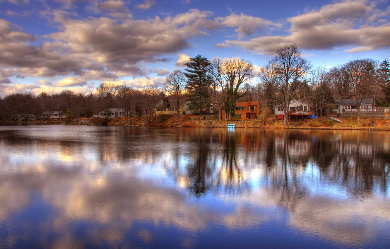 Photo wallpaper clouds, river, shore, home