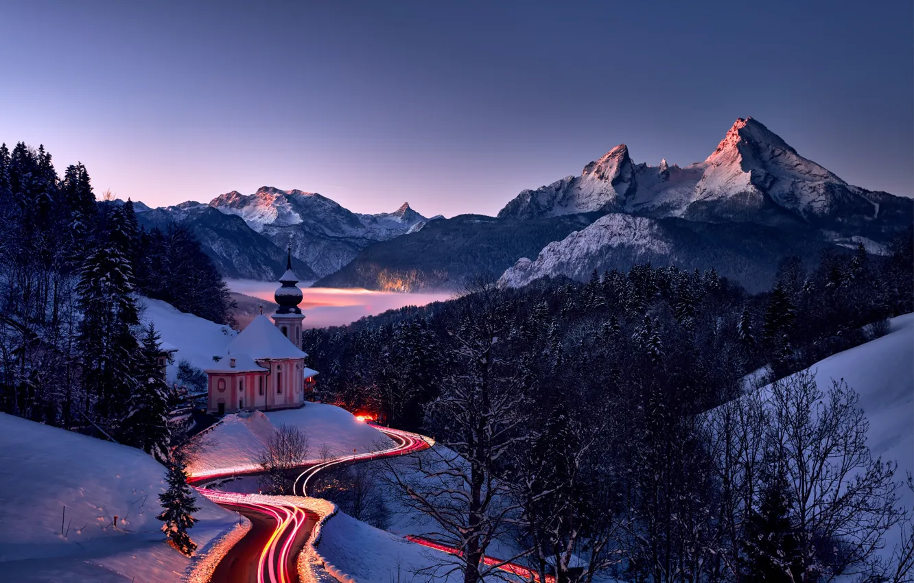 Photo wallpaper winter, road, snow, landscape, mountains, nature, hills, the evening