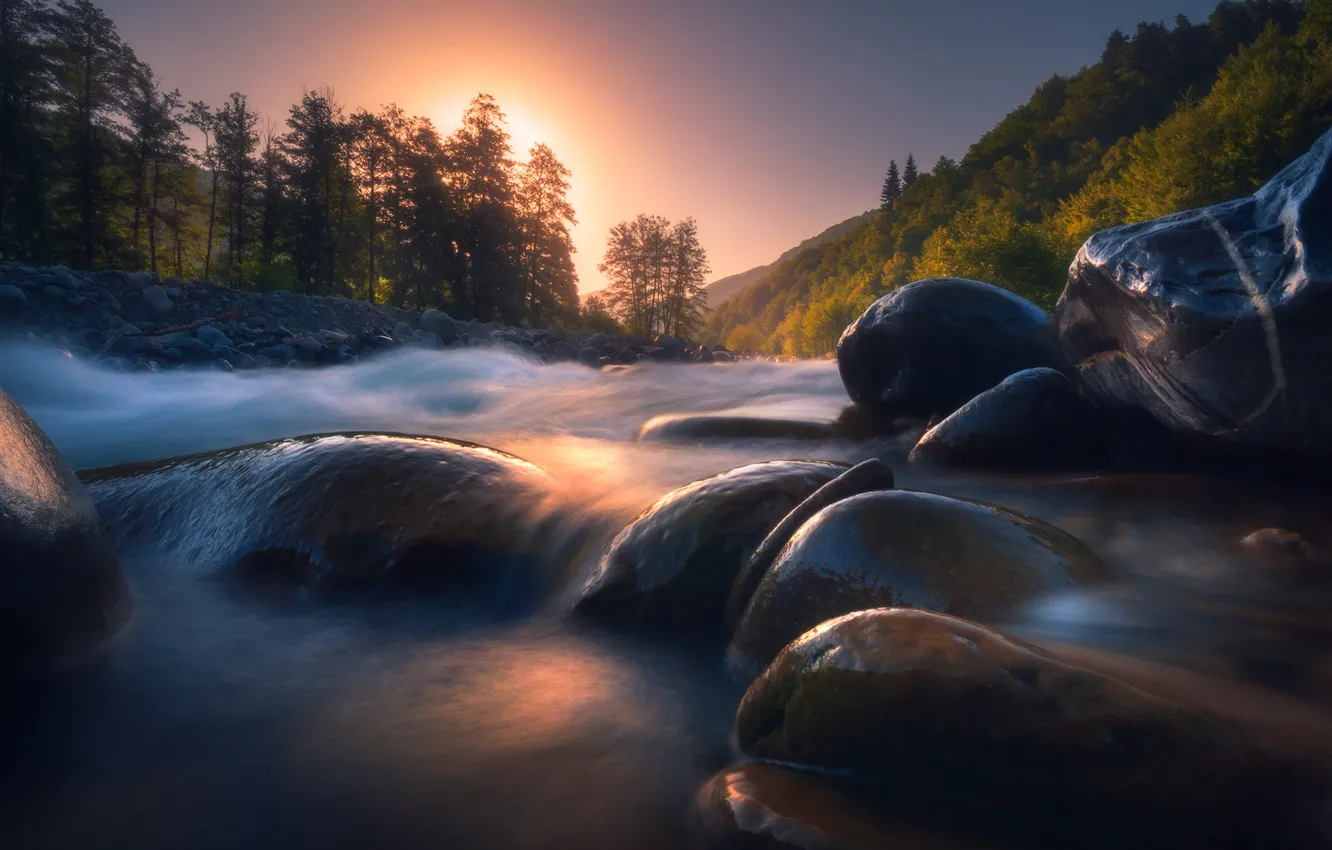 Photo wallpaper forest, landscape, sunset, nature, river, stones, hills, shore