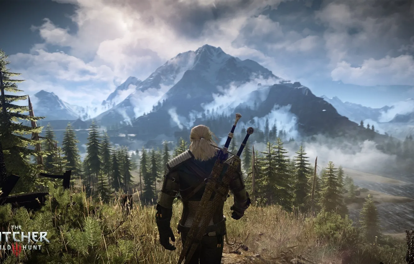 Photo wallpaper forest, mountains, the game, the Witcher, beauty, Geralt of Rivia, The Witcher 3: Wild Hunt, …