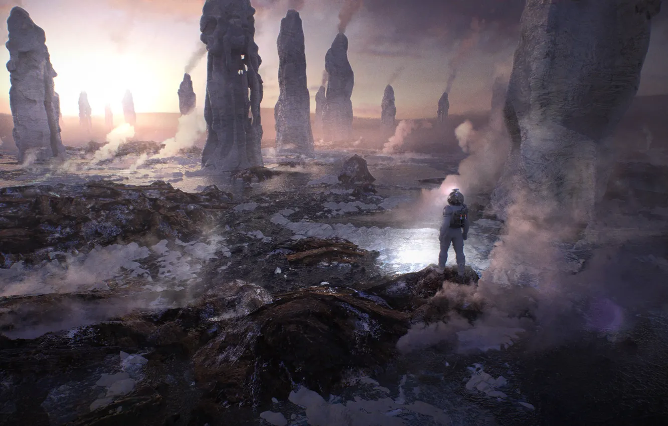 Photo wallpaper rocks, astronaut, pair, Valley of Geysers, Europa (moon)