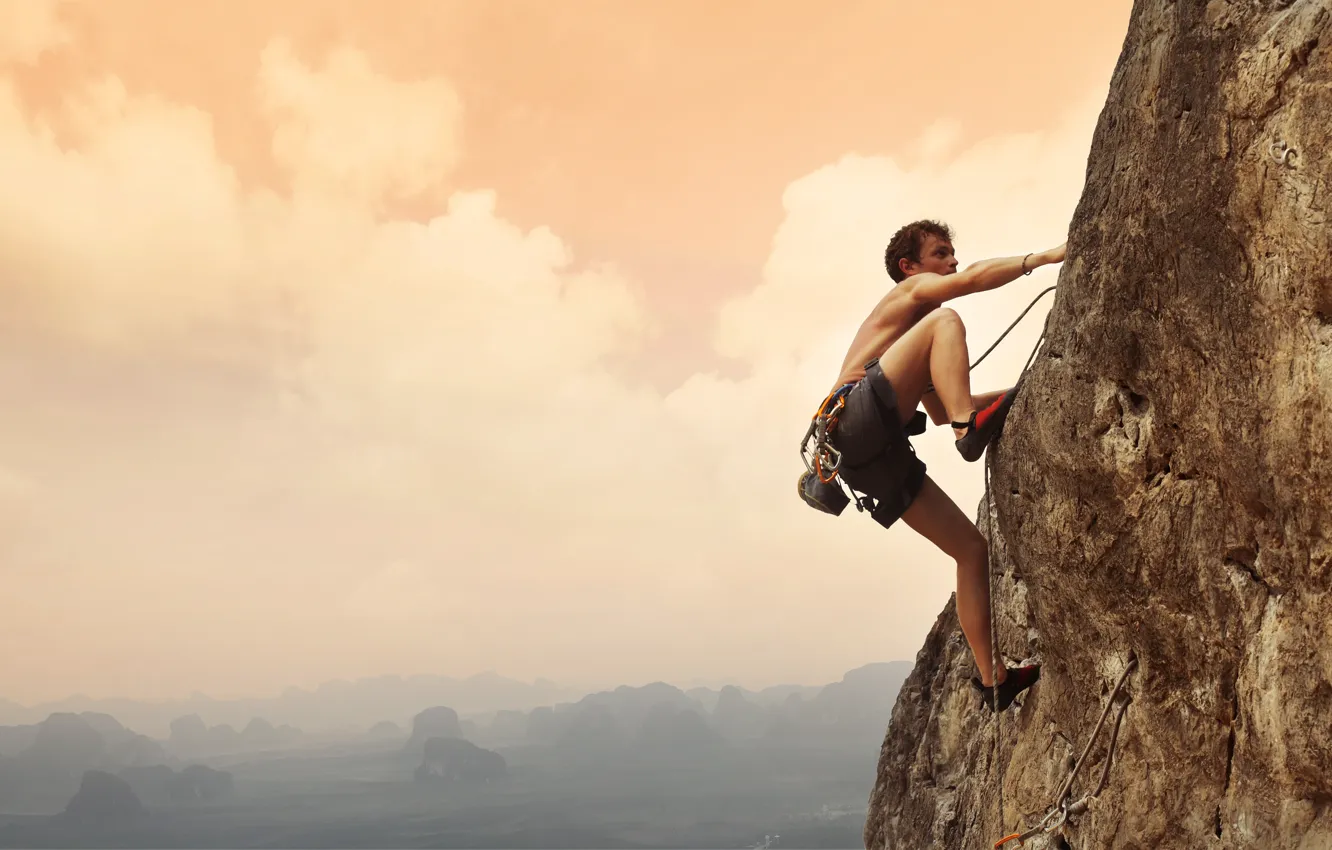 Photo wallpaper mountains, rocks, height, guy, tourism