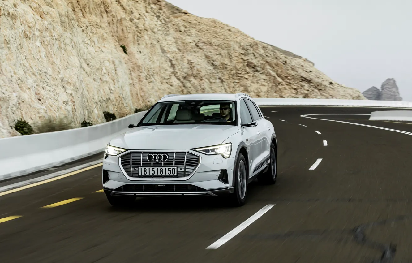 Photo wallpaper road, white, Audi, the fence, E-Tron, 2019