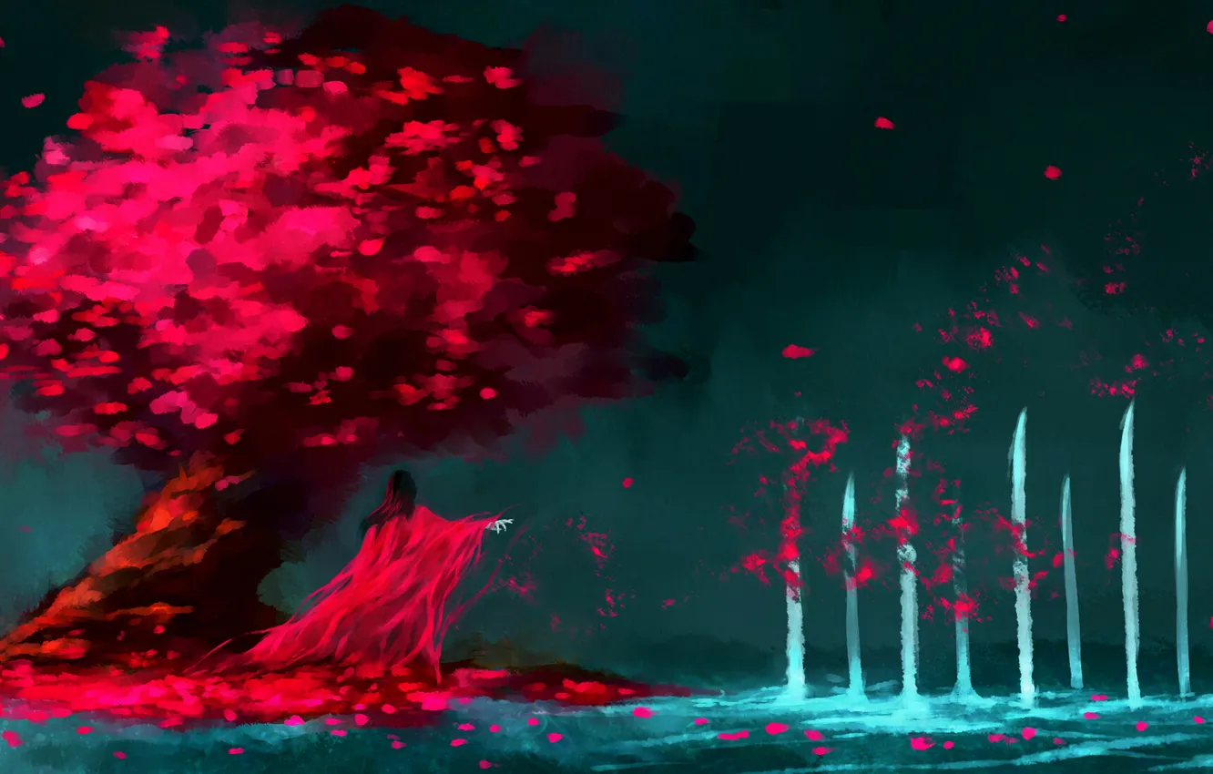 Photo wallpaper trees, Sakura, art, guy, Bleach, Kuchiki Byakuya, NanFe