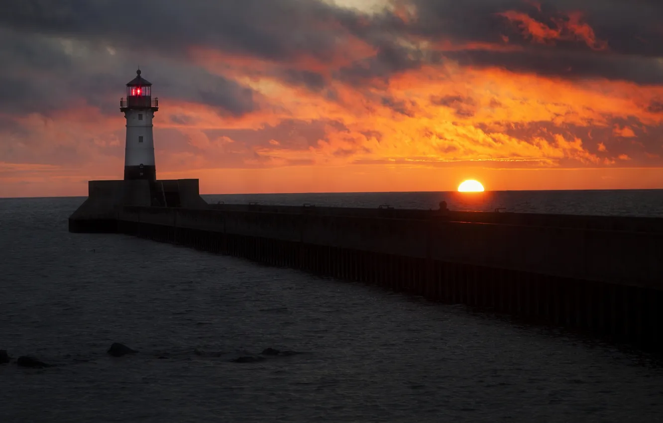 Photo wallpaper sea, clouds, sunset, people, lighthouse, orange sky