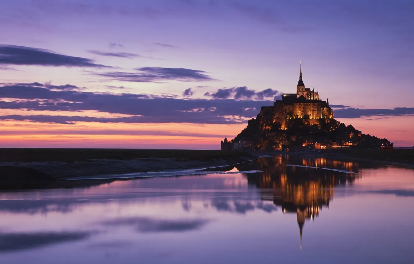 Photo wallpaper water, sunset, reflection, castle, Normandy, Mont Saint-Michel, the mountain of the Archangel Michael