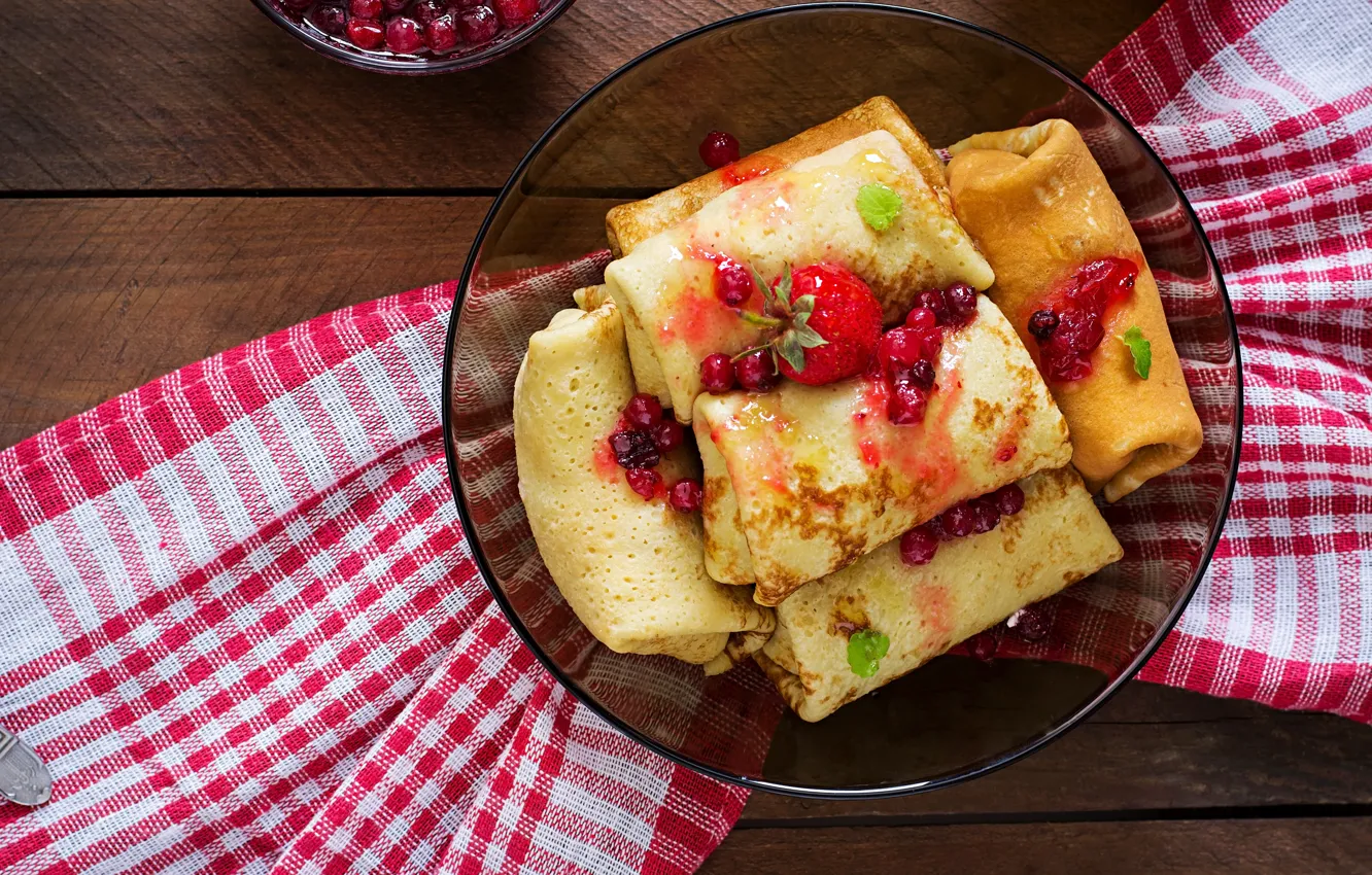 Photo wallpaper red, berries, Board, towel, strawberry, plate, stack, pancakes