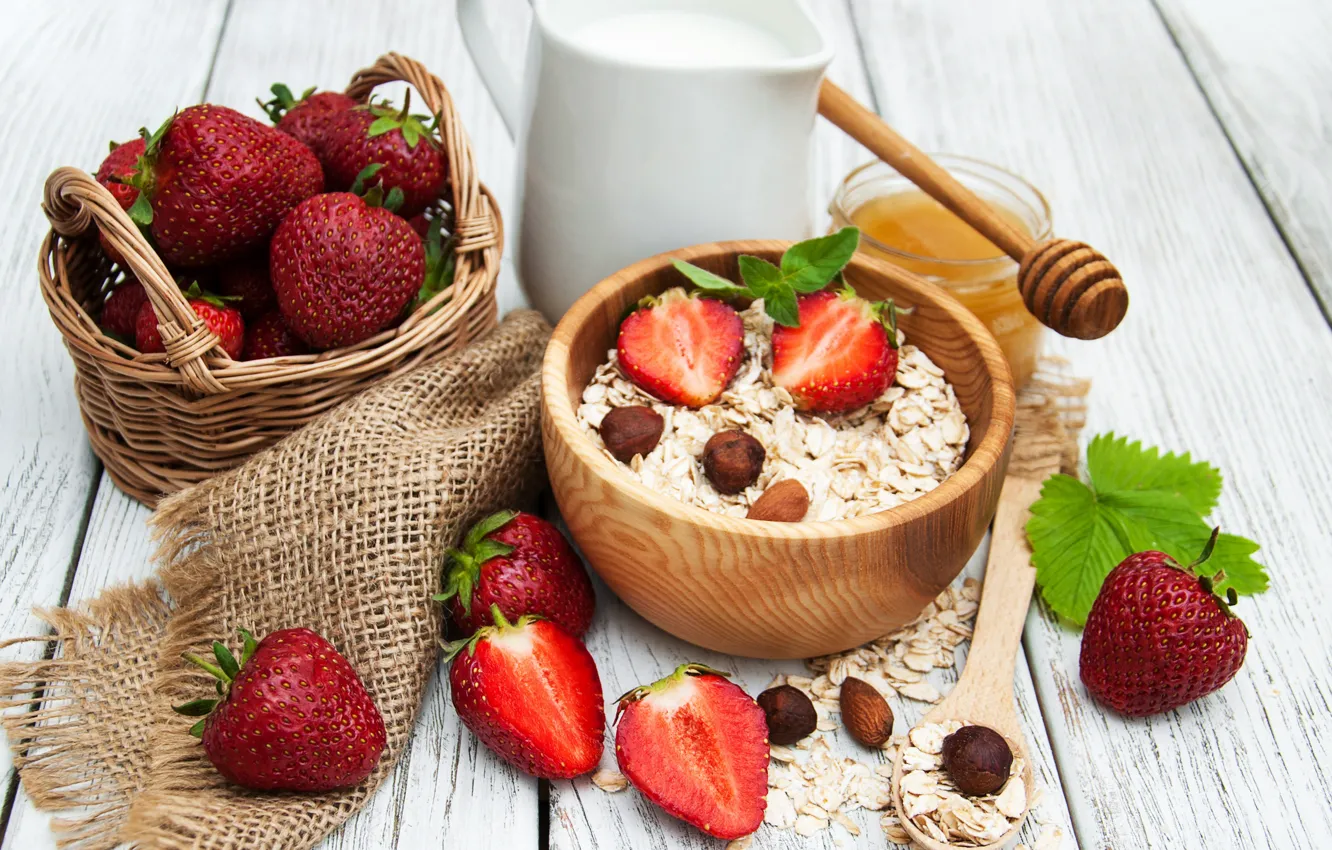 Photo wallpaper berries, Breakfast, strawberry, breakfast, milk, muesli, muesli, fresh berries