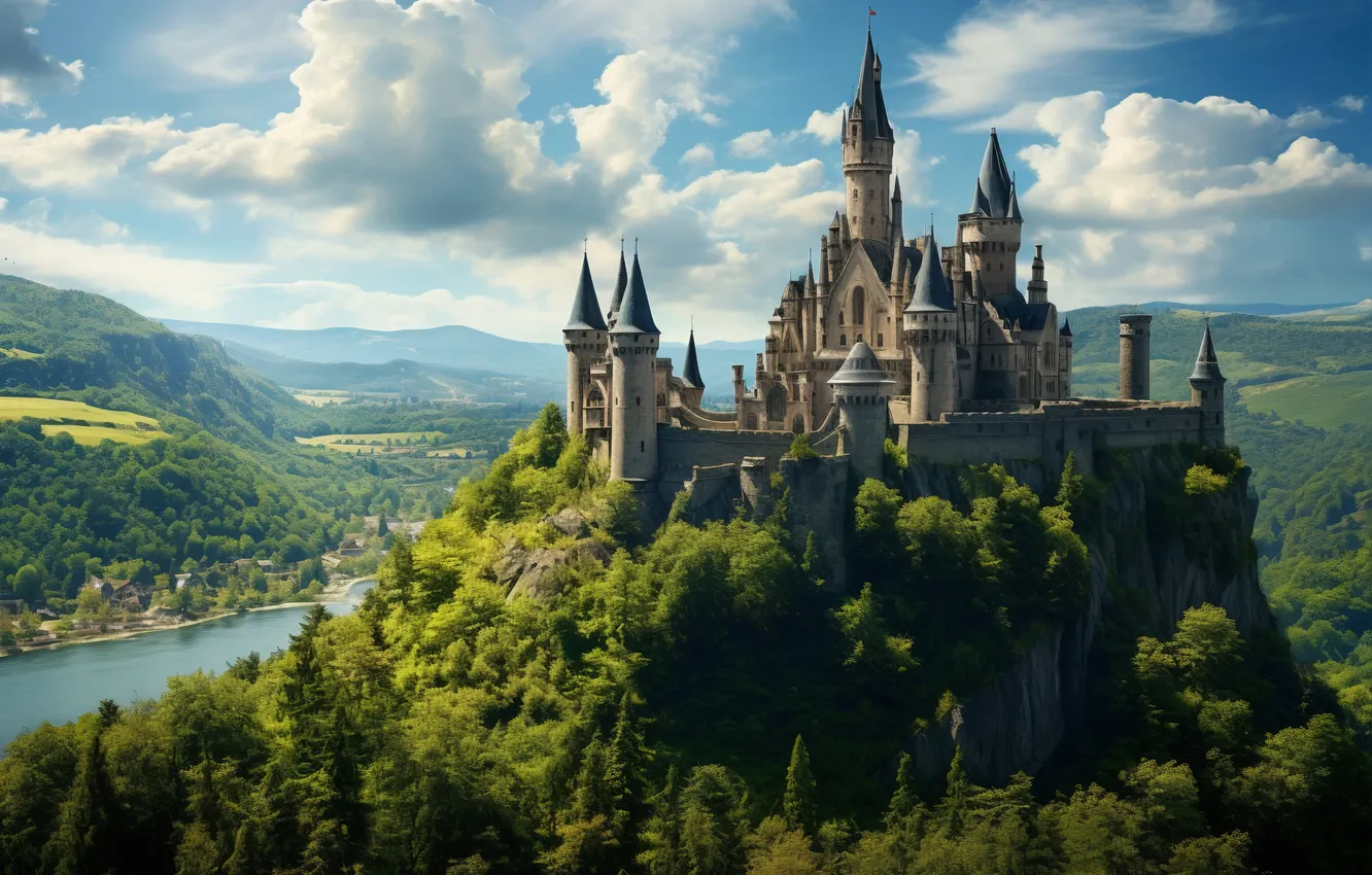 Photo wallpaper castle, rocks, view, rocks, castle, ancient, Ancient, gloomy