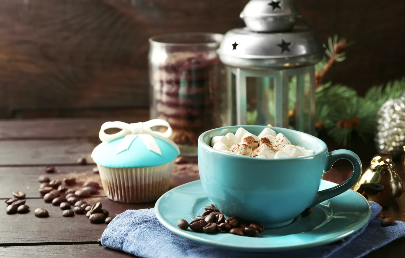 Photo wallpaper coffee, milk, cookies, lights, Cup, cake, cup, cocoa