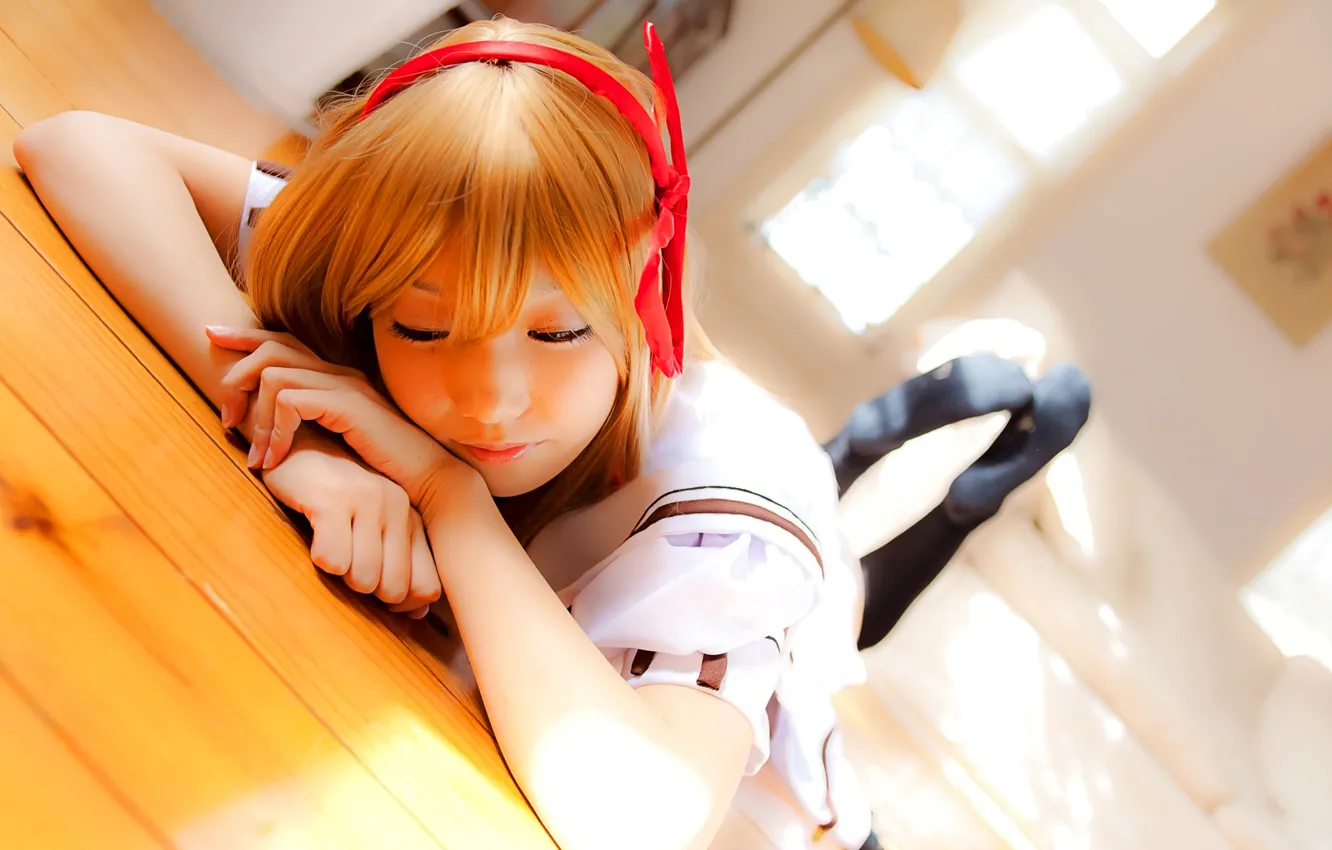 Photo wallpaper window, floor, lies, red, Asian, bow, cosplay