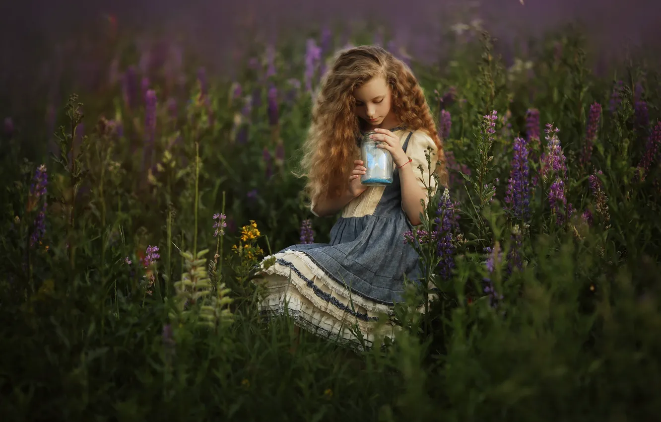 Photo wallpaper field, summer, flowers, nature, butterfly, girl, Bank, grass