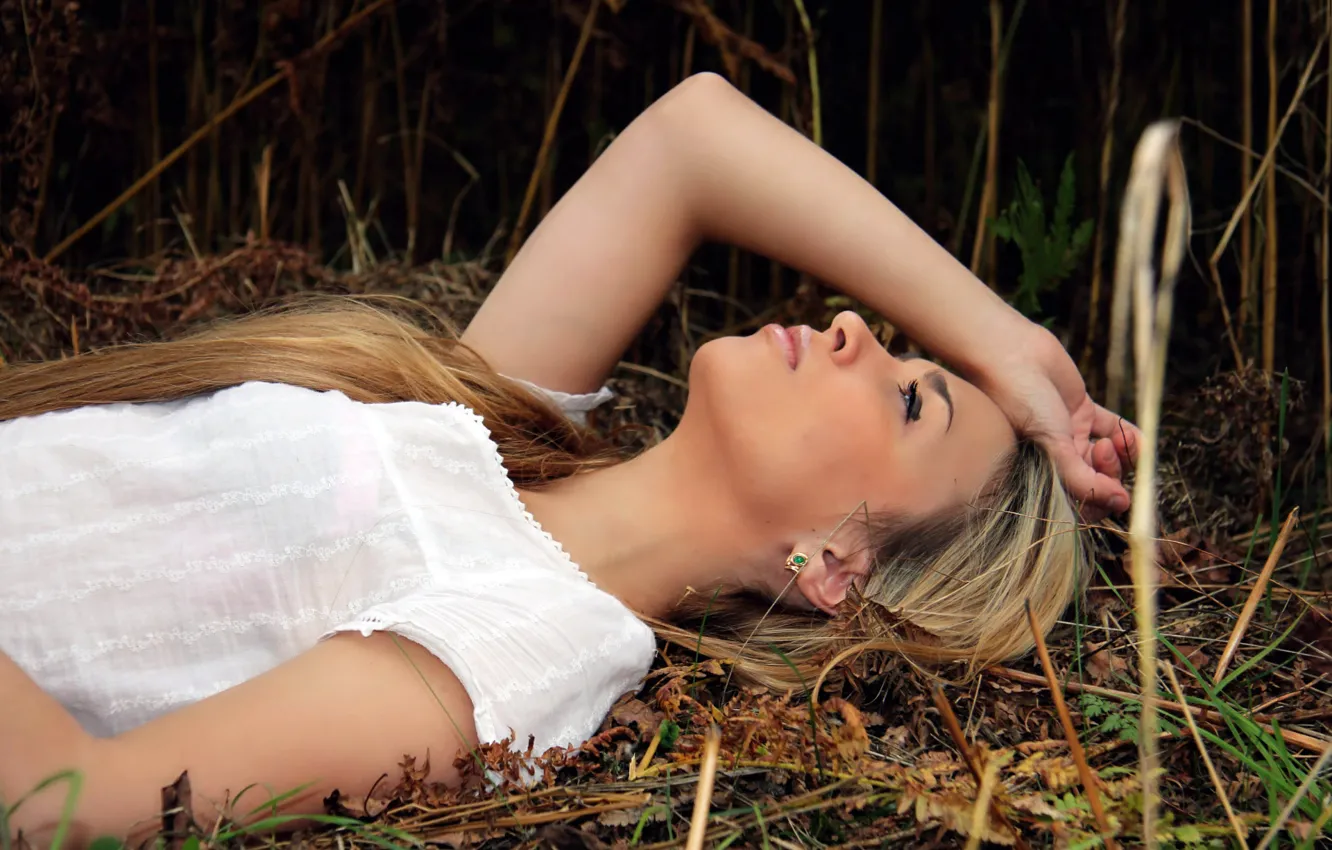 Photo wallpaper grass, girl, nature, blonde, straw