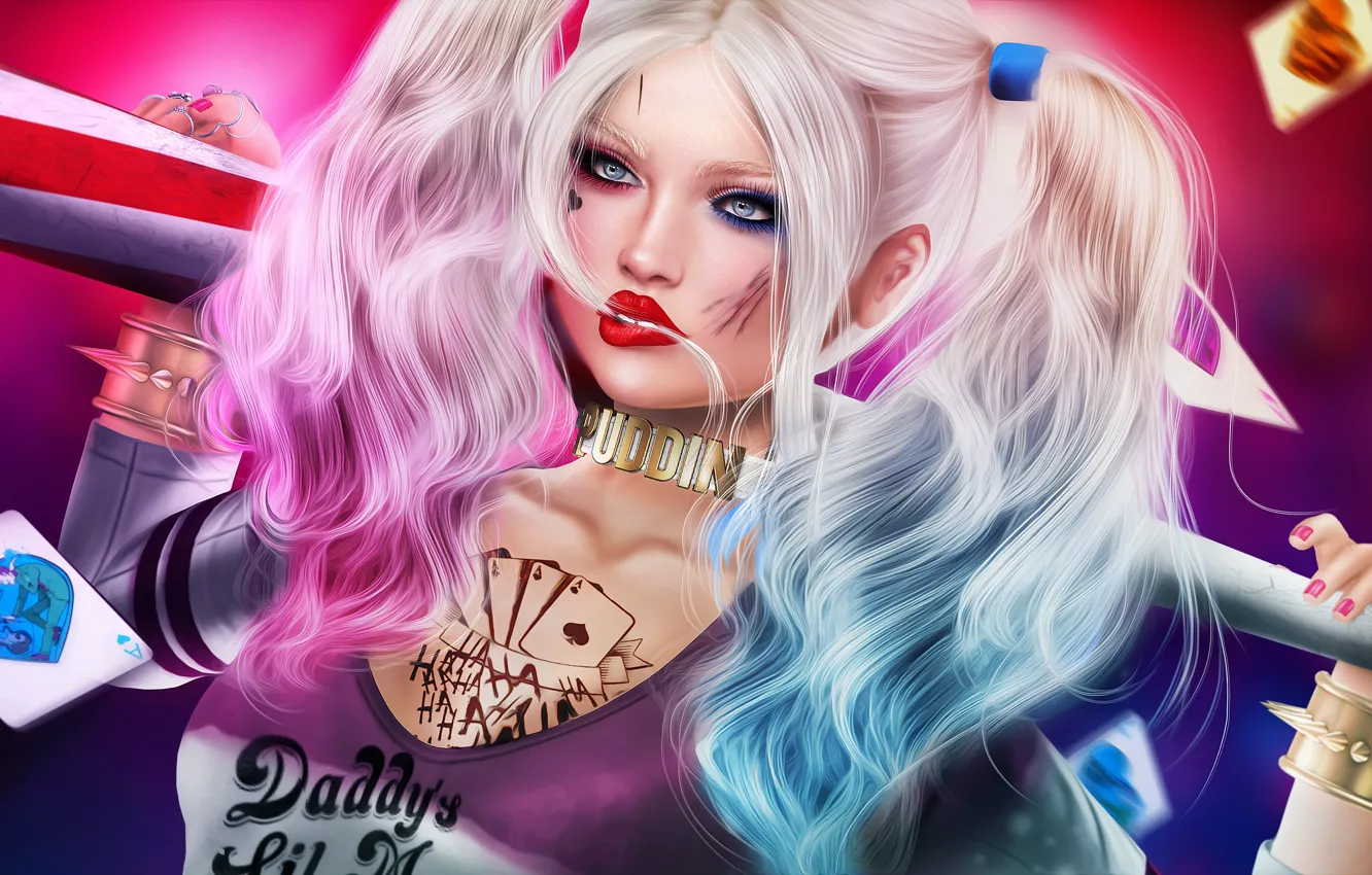 Photo wallpaper girl, face, hair, map, makeup, baseball bat, paint