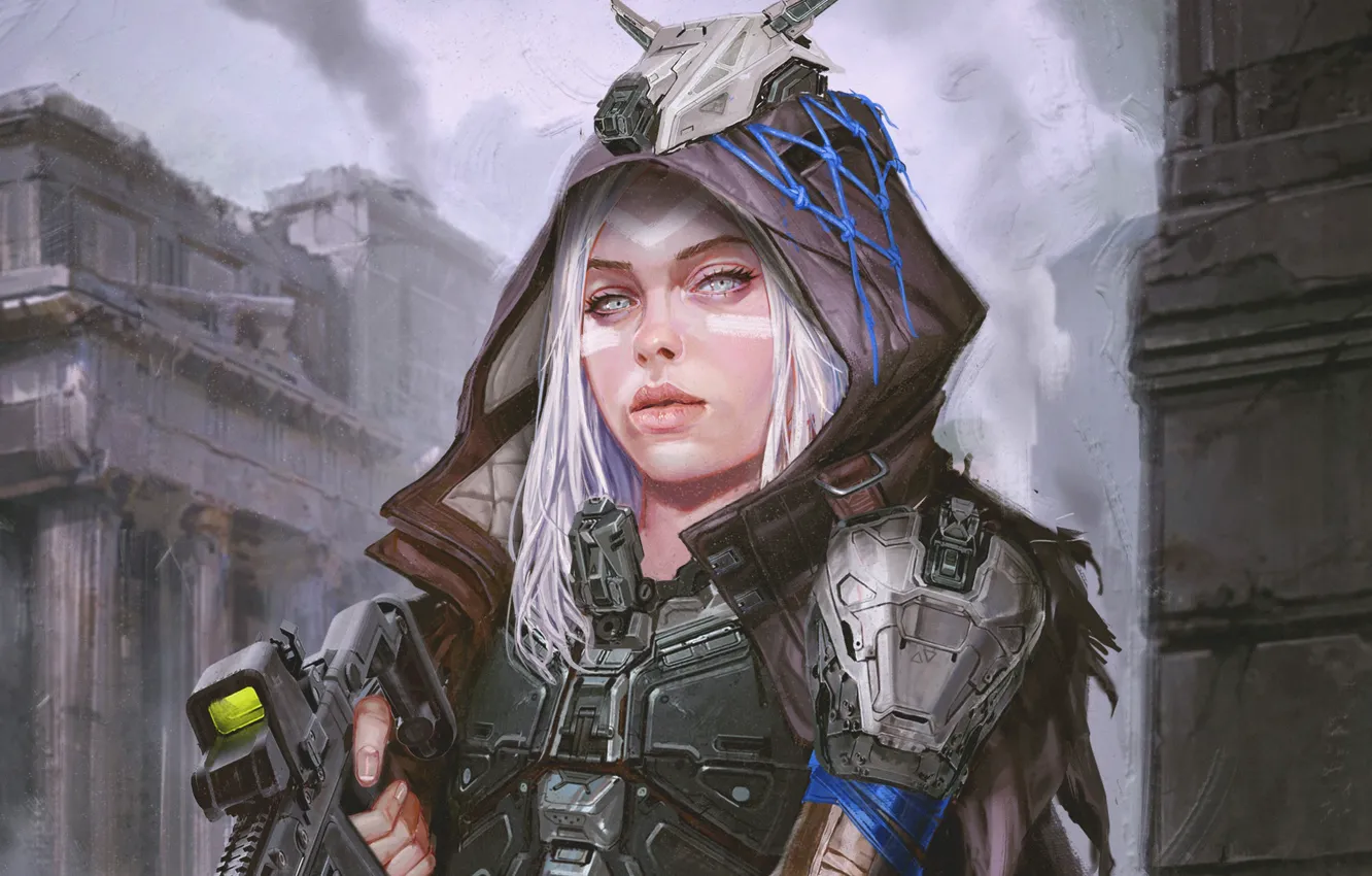 Photo wallpaper look, girl, weapons, fiction, art, hood, sci-fi