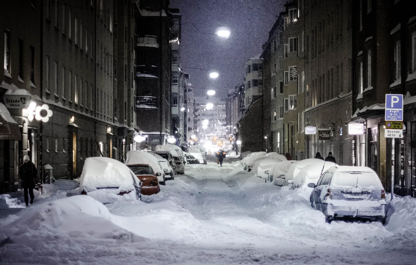 Photo wallpaper night, the city, street, lights, snowfall