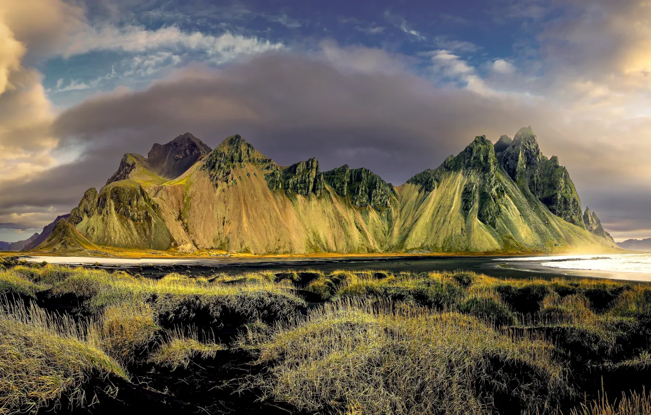 Photo wallpaper the sky, grass, clouds, mountains, clouds, shore, tops, slope