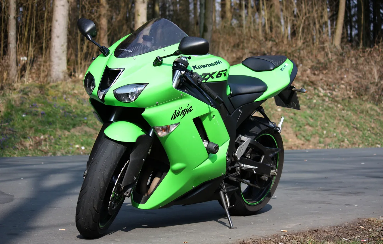 Photo wallpaper asphalt, green, motorcycle, bike, motorcycle, superbike, sportbike, Kawasaki Ninja ZX-6R