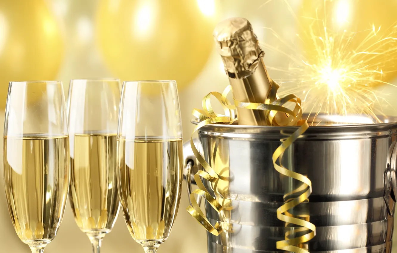 Photo wallpaper bottle, New Year, glasses, golden, champagne, serpentine, New Year, sparklers